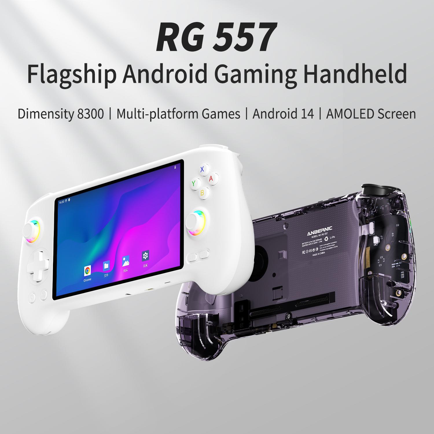 Anbernic RG557 Handheld Game Console【Buy 1 Get 1 HDMI Cable(8K)+1 Multi-Port Adapter+1 Type-C Cable+Joystick Cap*2 Pairs 】 Android 14 AMOLED Touch Screen 1080*1920 Dimensity 8300 Processor Octa-core CPU Six-axis Gyroscope Sensor Ready to Play Gift Package