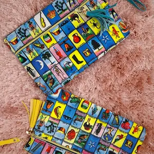 Loteria Clutch Bag - Vibrant Mexican Bingo Card Design with Tassel Accents and Zipper Closure