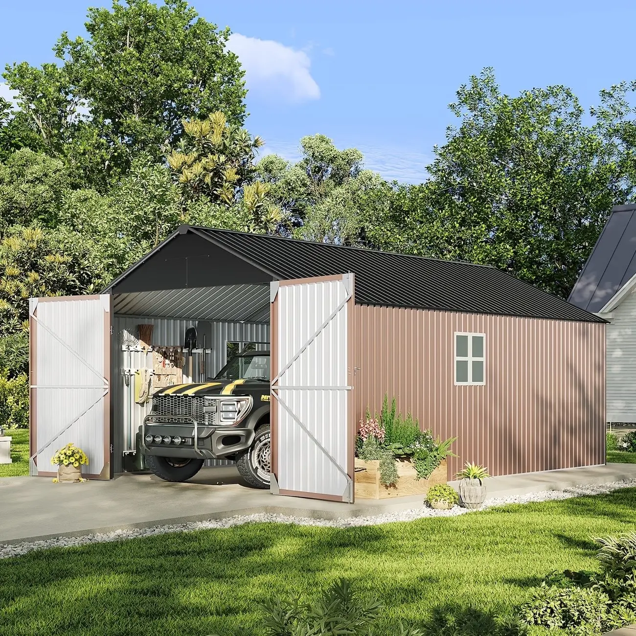 Metal Garage Storage Outdoor Garden Shed Kit, Lockable Tool Shed, Car Garage