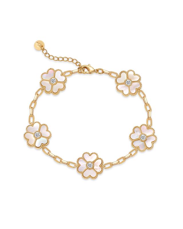 PAVOI 14K Gold Plated Clover Bracelets for Women - Flower Four Leaf Clover Bracelet - Mother of Pearl & Onyx Gemstone Lucky Flower Design - Adjustable Trendy Jewelry Gifts