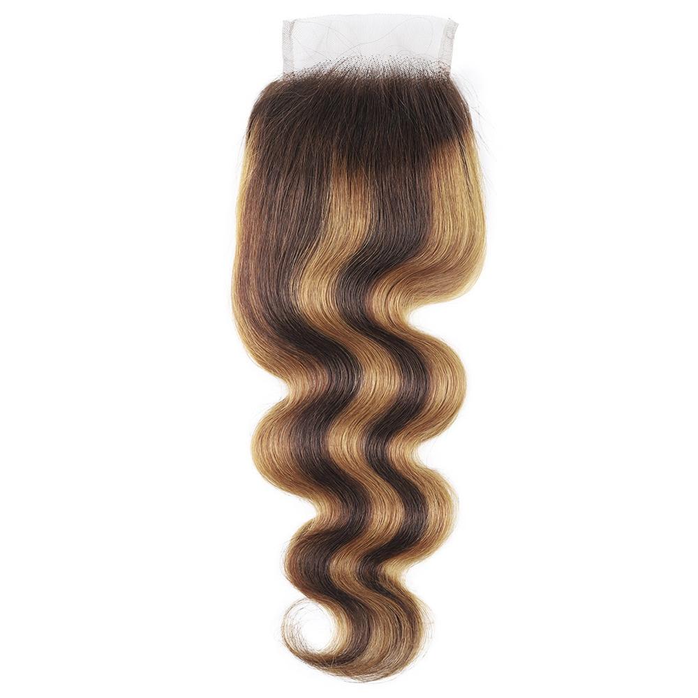 Highlight Honey Blonde Hair with Closure Brazilian Body Wave Human Hair 3 Bundles with 4x4 Lace Closure P4/27