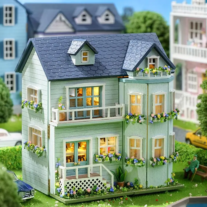 DIY Miniature Dollhouse Kit with LED Light and Furniture, Creative Birthday and Holiday Gift, Wooden Doll House
