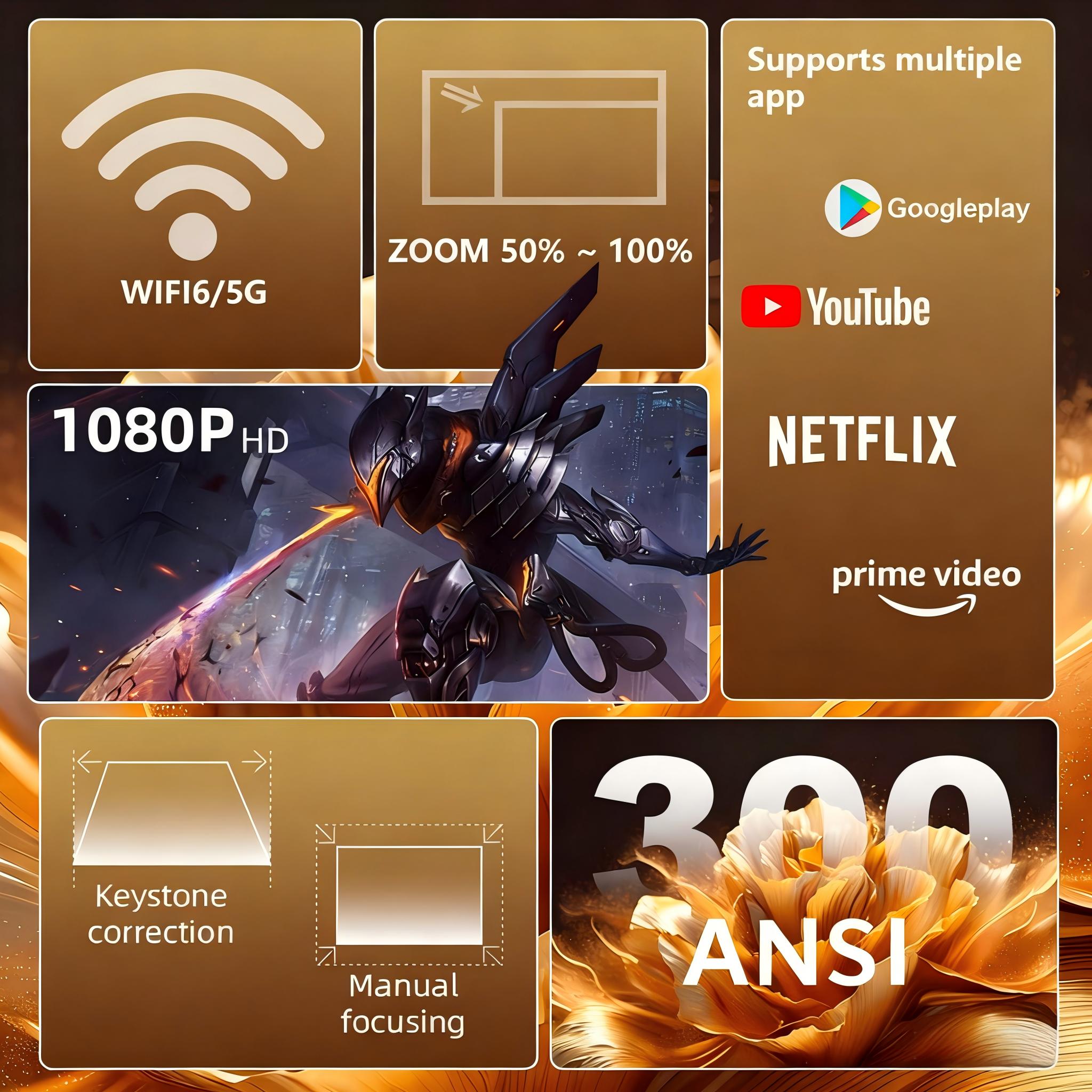 XBJ Diamond Projector 24/5G WiFi 360 Degree HD LED Multifunctional Projector with Built-in Speaker for Home Cinema Outdoor Use and 4K Decoding Ideal Holiday Gift