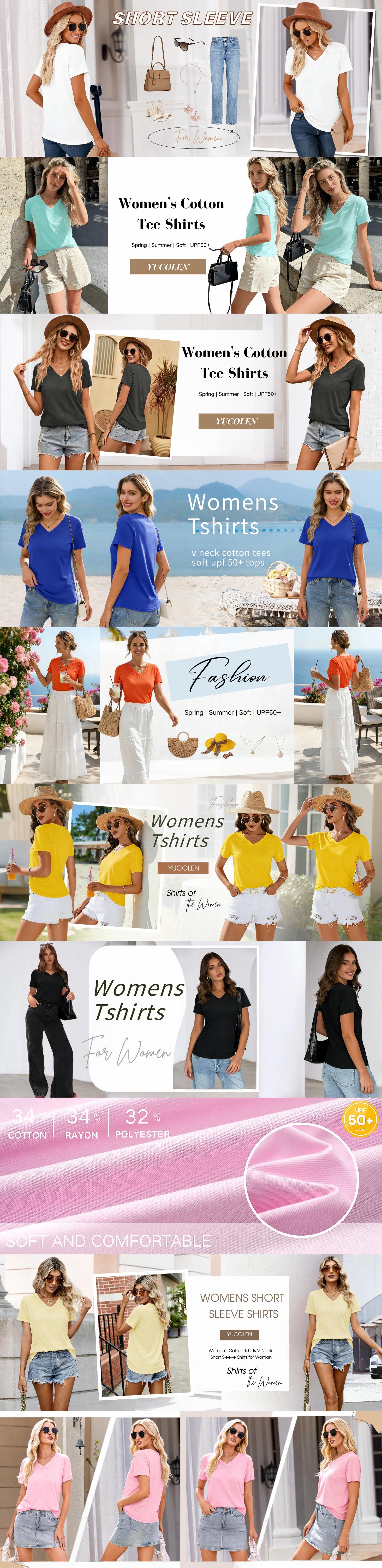 YUCOLEN 1/3 Pack T Shirts for Women Cotton Short Sleeve V Neck Basic Tees Soft Breathable UPF 50+ Tops for Summer Spring