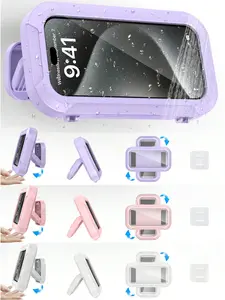 1PC Waterproof Shower Phone Holder with Stand, 360° Rotation Universal Touchscreen Phone Mount, Anti-Slip Adhesive Wall Phone Case for Bathroom Kitchen Beach, Multi-Angle Adjustable Phone Stand for iPhone Android