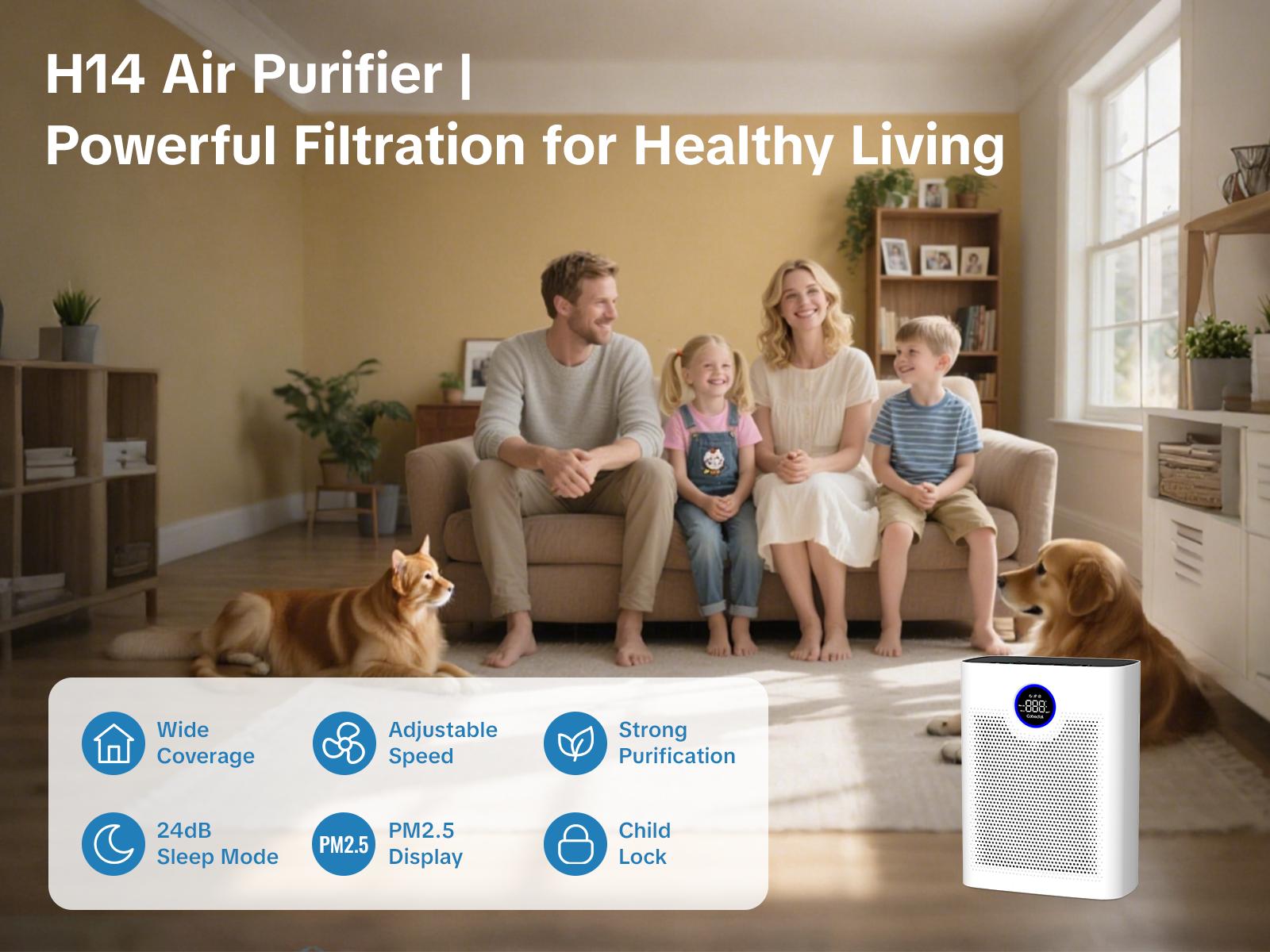 Cobectal H14 True HEPA Air Purifier for Home – Whisper Quiet Air Cleaner for Large Rooms, Bedroom, Nursery | Smart Auto Mode, Odor & Germ Eliminator, Pet Dander & Allergy Relief – Ideal Gift for Family & Friends