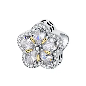 Sparkling Five-Petal Flower Charm 925 Sterling Silver, Two-Tone Gold-Tone Accents, Large Clear Petals, Paved Border For Bracelets, Floral Jewelry & Gift Giving Silver,The Perfect Gift for Women