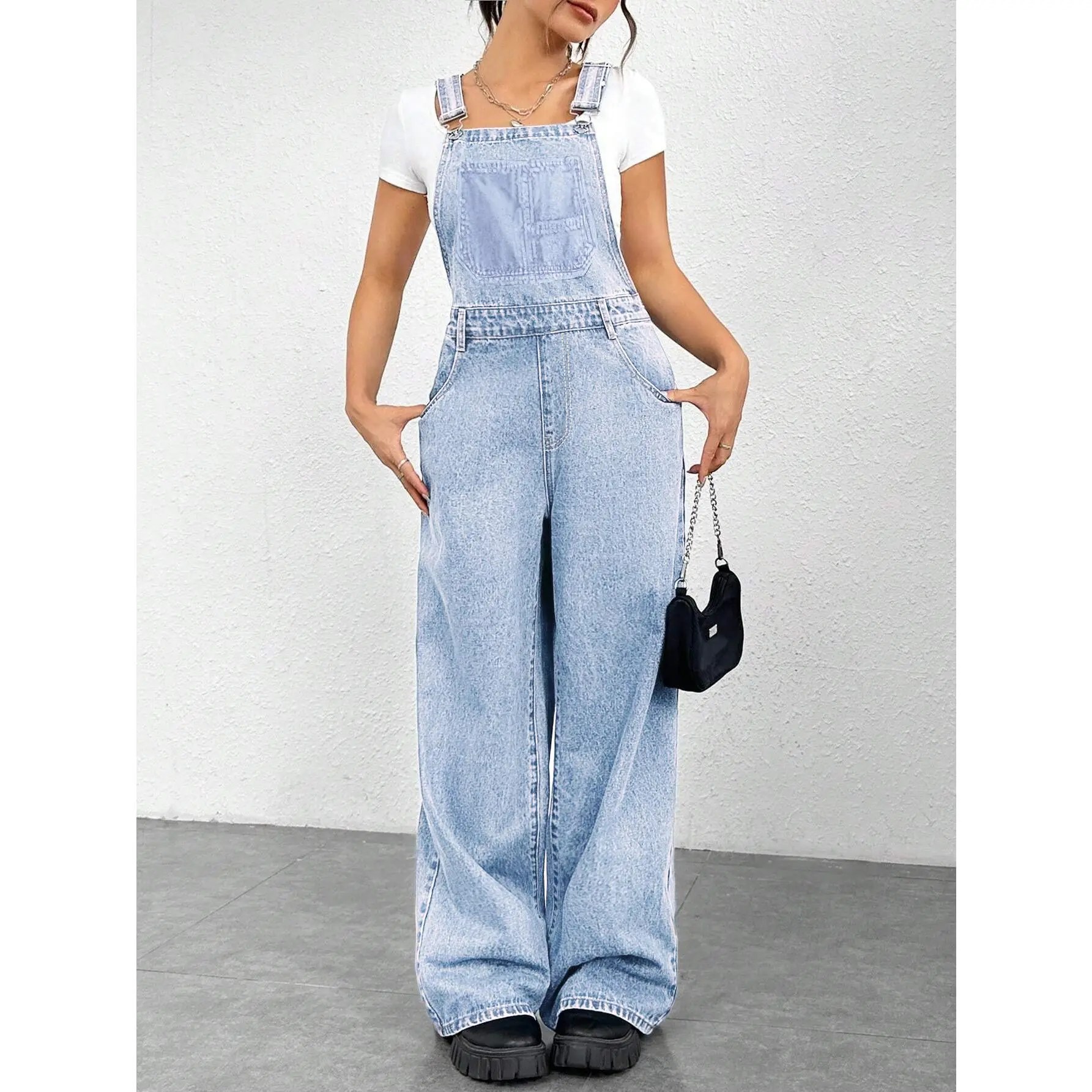 Women's fashionable Y2K casual loose denim overalls, workwear, jumpsuit, suitable for all seasons, 65% cotton