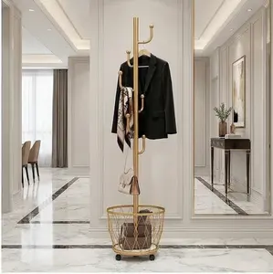 Freestanding Iron Coat Rack with Shelf and 6 Hooks, Adjustable Height Coat Tree for Entryway, Bags and Clothes, Gold