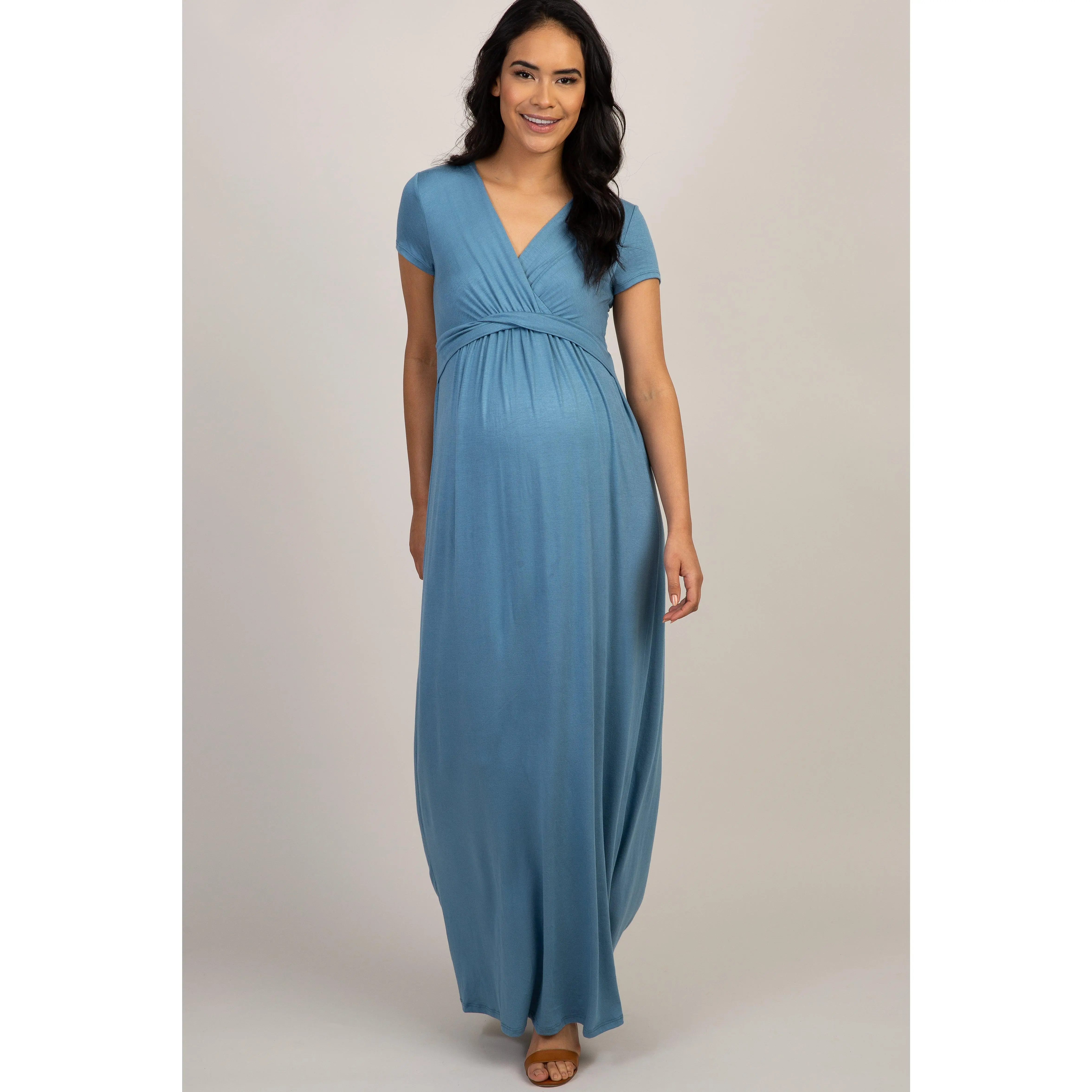 PinkBlush Blue Draped Maternity/Nursing Maxi Dress