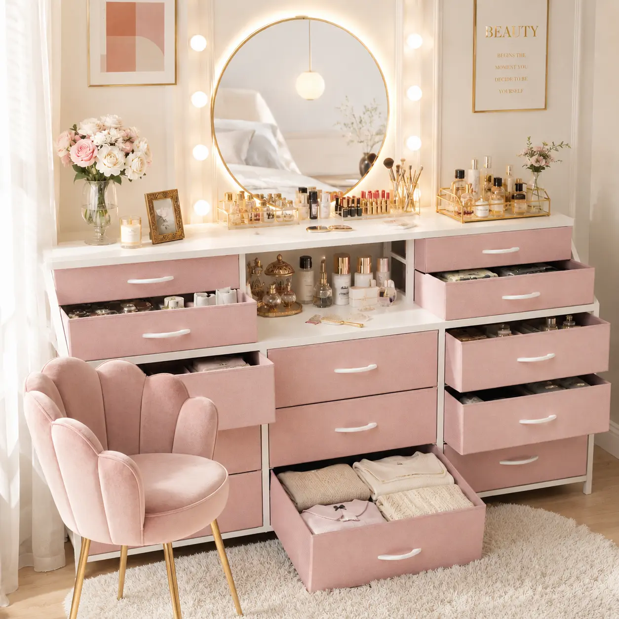 Homkdom Blush Pink Makeup Vanity Desk with 13 Fabric Drawers, Open Shelves, 55.1in TV Stand Dresser (Fits 65in TV) & Tall Storage Cabinet Tower, Wooden Top Furniture for Bedroom Dorm, Apartment Furniture, Room Decor Gift for Women, Dressers