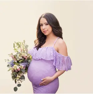 ALLITA Off Shoulder Lace Maternity Dress Elegant Pregnancy Gown for Photoshoot And Baby Shower