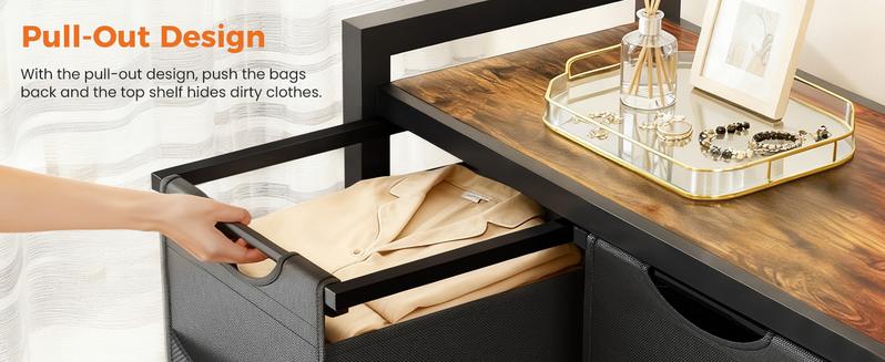 Laundry Hamper, Laundry Sorter with Shelf, Clothes Basket Organizer with 2 Pull-Out and Removable Bags, Movable Wheels for Laundry Room Bathroom Bedroom, 2 × 11.2 Gal (85L), Metal Frame, Black