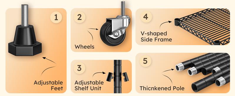 Raybee 5-6 Tier Metal Shelving Unit, Heavy Duty Shelving Organizer, Adjustable Wire Shelf with Wheels, Rolling Metal Storage Shelves for Garage Pantry Basement