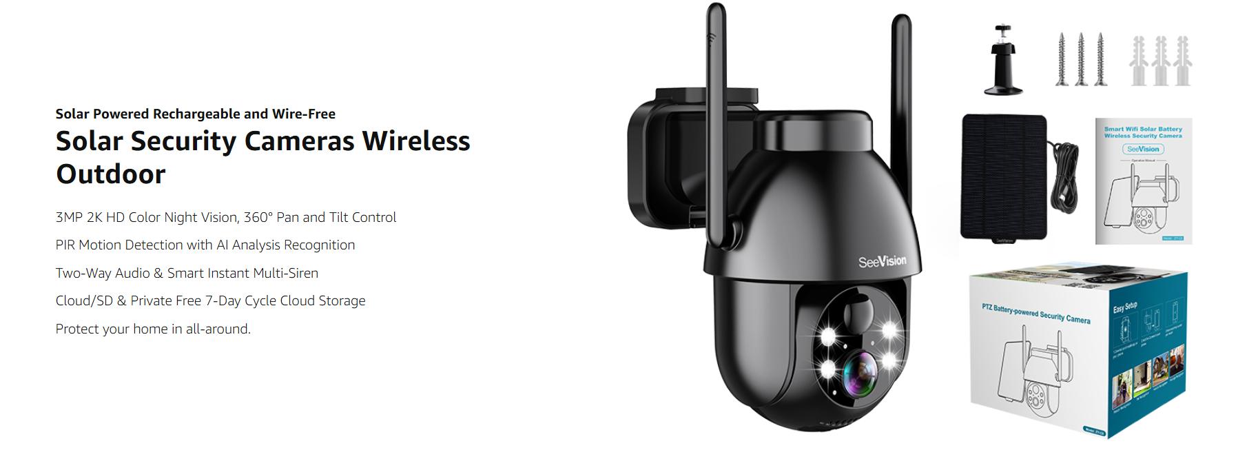 SeeVision WiFi Security Outdoor Solar Wireless Camera For Home with Spotlight, PIR Motion Detection, Color Night Vision, and Two-Way Talk SeeVision WiFi Security Outdoor Solar Wireless Camera For Home with Spotlight, PIR Motion Detection, Color Night Vision, and Two-Way Talk