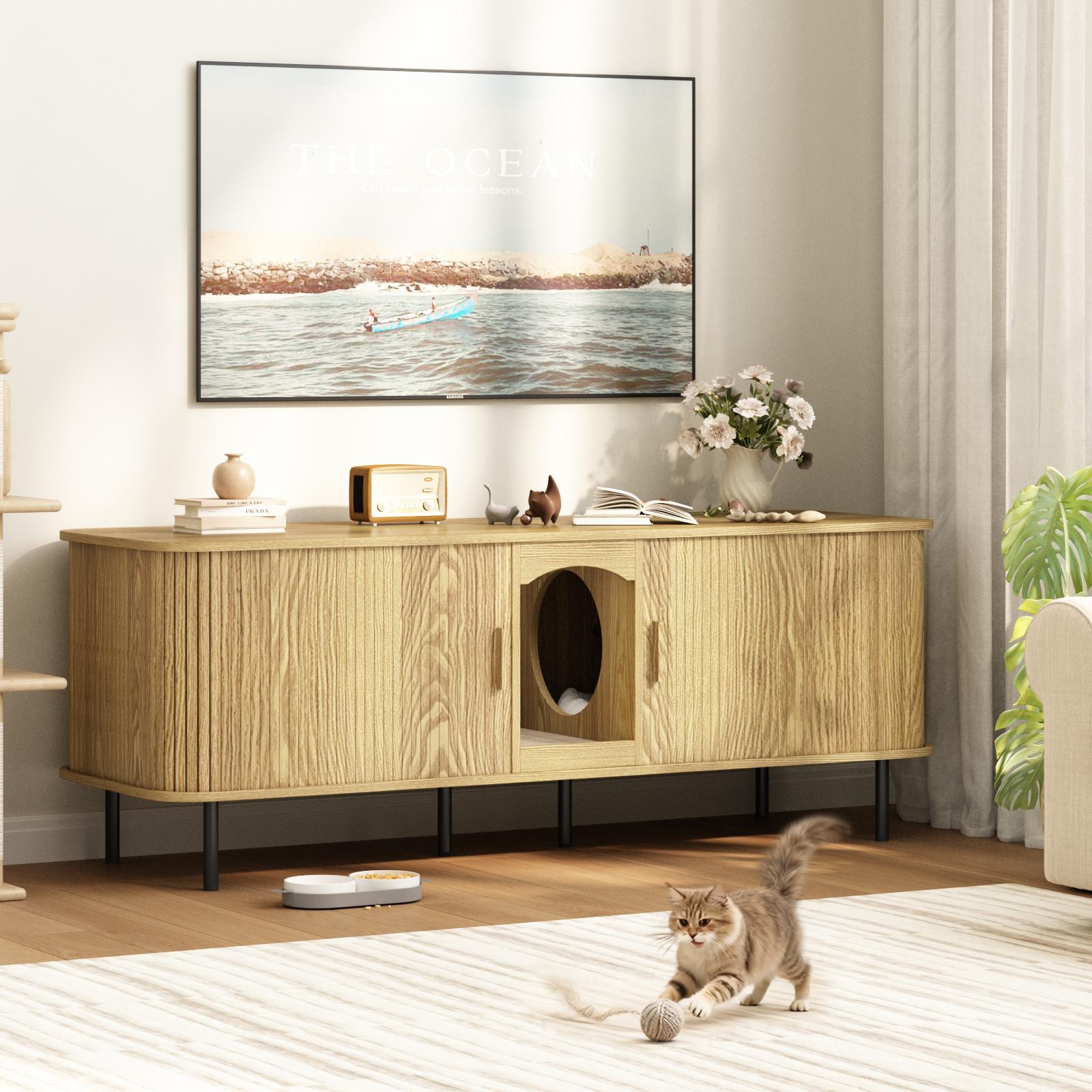 Fluted Hidden Cat Litter Box Enclosure – Modern Wood Furniture with Scratching Pad, Large Indoor Cat House Cabinet Side/End Table for Living Room & Entryway