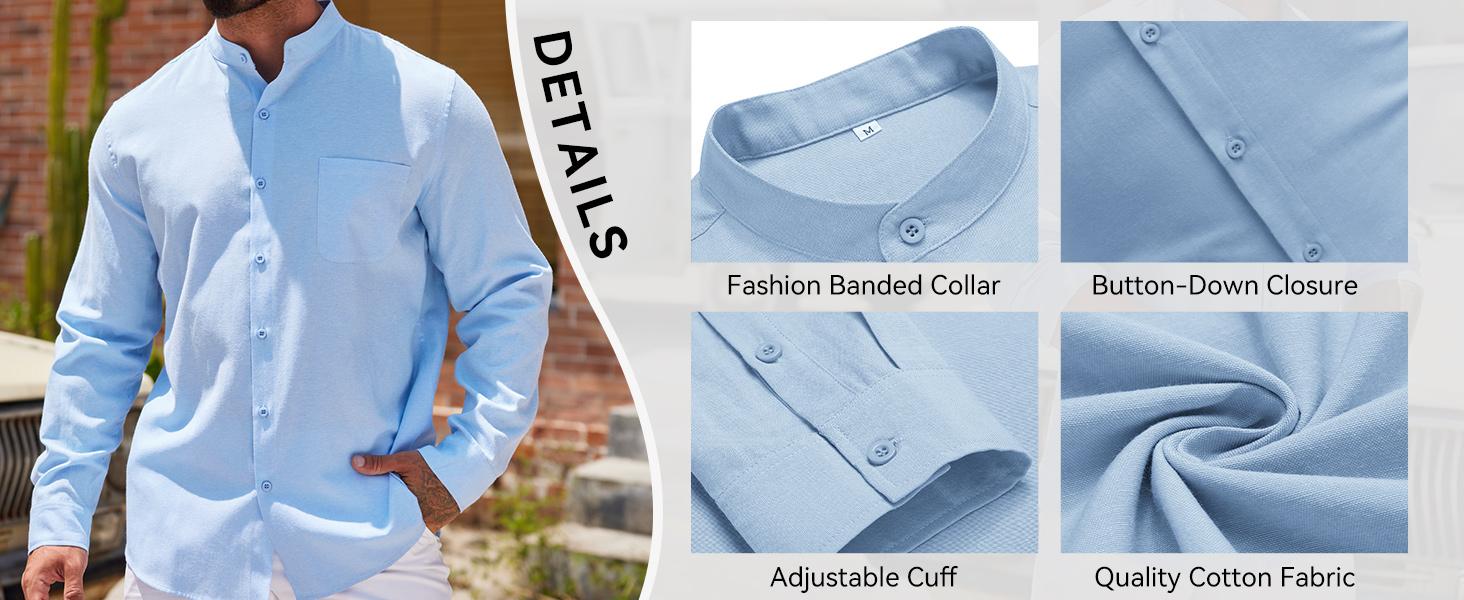 COOFANDY Men's Shirt Long Sleeve Linen Shirt Band Collar Button Down Shirts Oxford Dress Shirt