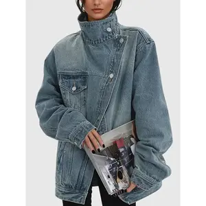 Women's Vintage Washed High Neck Asymmetric Button Loose Denim Jacket, Street Style Trendy Versatile Jacket Top, Suitable For Spring, Autumn And Winter Seasons