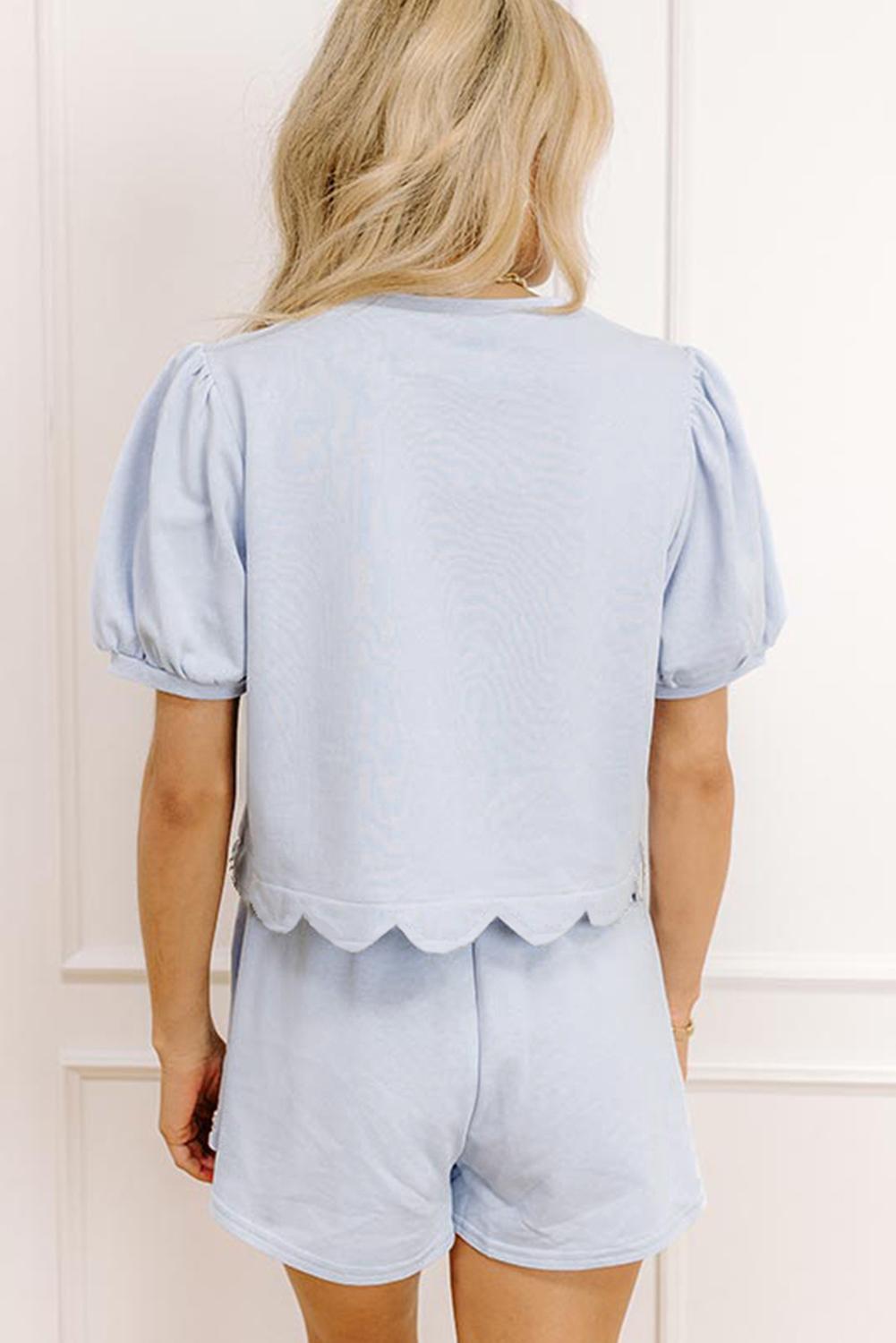 Mntaor Women's Beau Blue Puff Sleeve Pearl Embellished Scallop Trim Skort Set Sweet & Chic Outfit for Beach Vacations Brunch Dates & Casual Day Trips