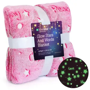 Glow in the dark  pink throw blanket 50x60 inch luminated flannel blanket with stars and calming words super soft machine washable blanket