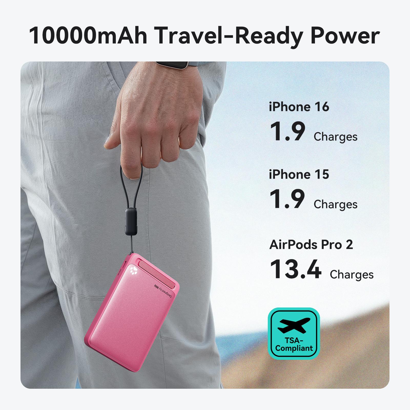 INIU MagFino Qi2 Certified 15W 10000mAh Magnetic Portable Charger with Built-In Foldable Stanｄ, Ultra Slim 45W Fast charging Power Bank Travel Wireless Metal Battery Pack, Detachable Lanyard USB C Cable Phone Charger for iPhone 17 16 15 14 13 12 Series
