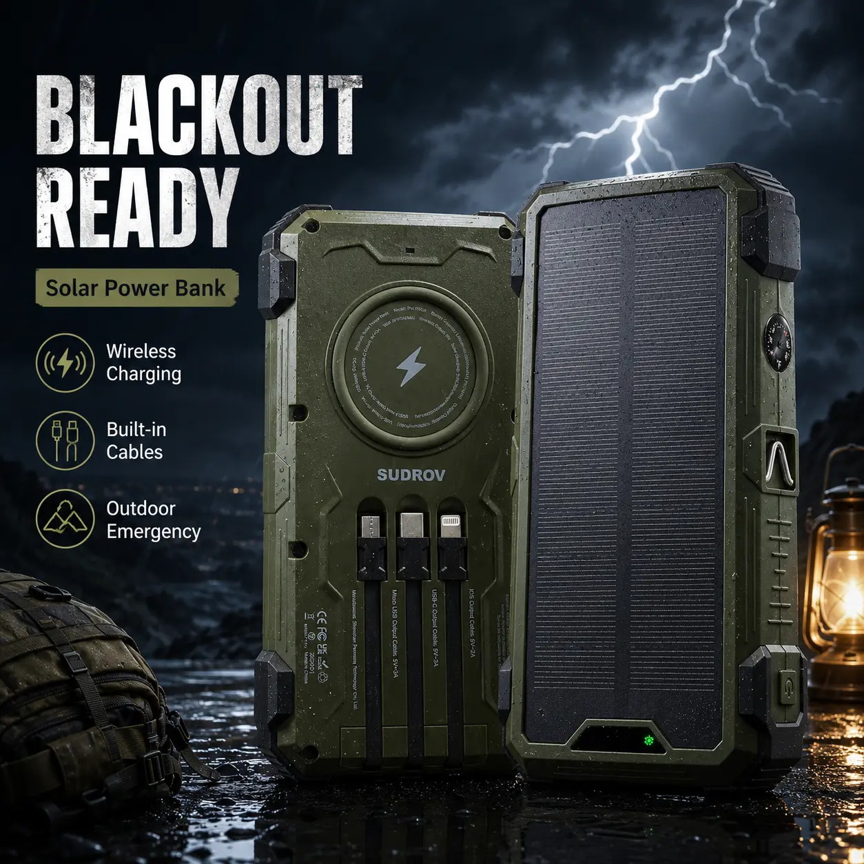 SUDROV Ultimate Charging Power Bank with Solar Panel, Portable Solar Charger Power Bank with with 4 Built-in Cables, 7 Outputs, 15W Fast Charging, Wireless Charging, Dual LED Flashlights, Emergency Battery Backup for Power Outages tiktokshopbacktoschool