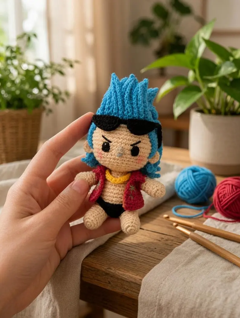 Handmade OP Anime Crochet Plush, Pirate Boy Amigurumi Doll, Kawaii Cotton Yarn Toy
