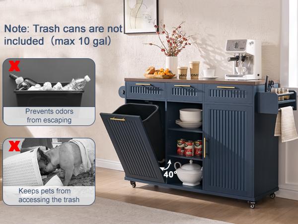 PieDle 57" Multifunctional Rolling Kitchen Island with Trash Can Storage, Power Outlet & Drop Leaf, Open Shelves, Large Islands Cart on Wheels with 3 Drawers, 5-Wheel Mobile Island Table for Kitchen