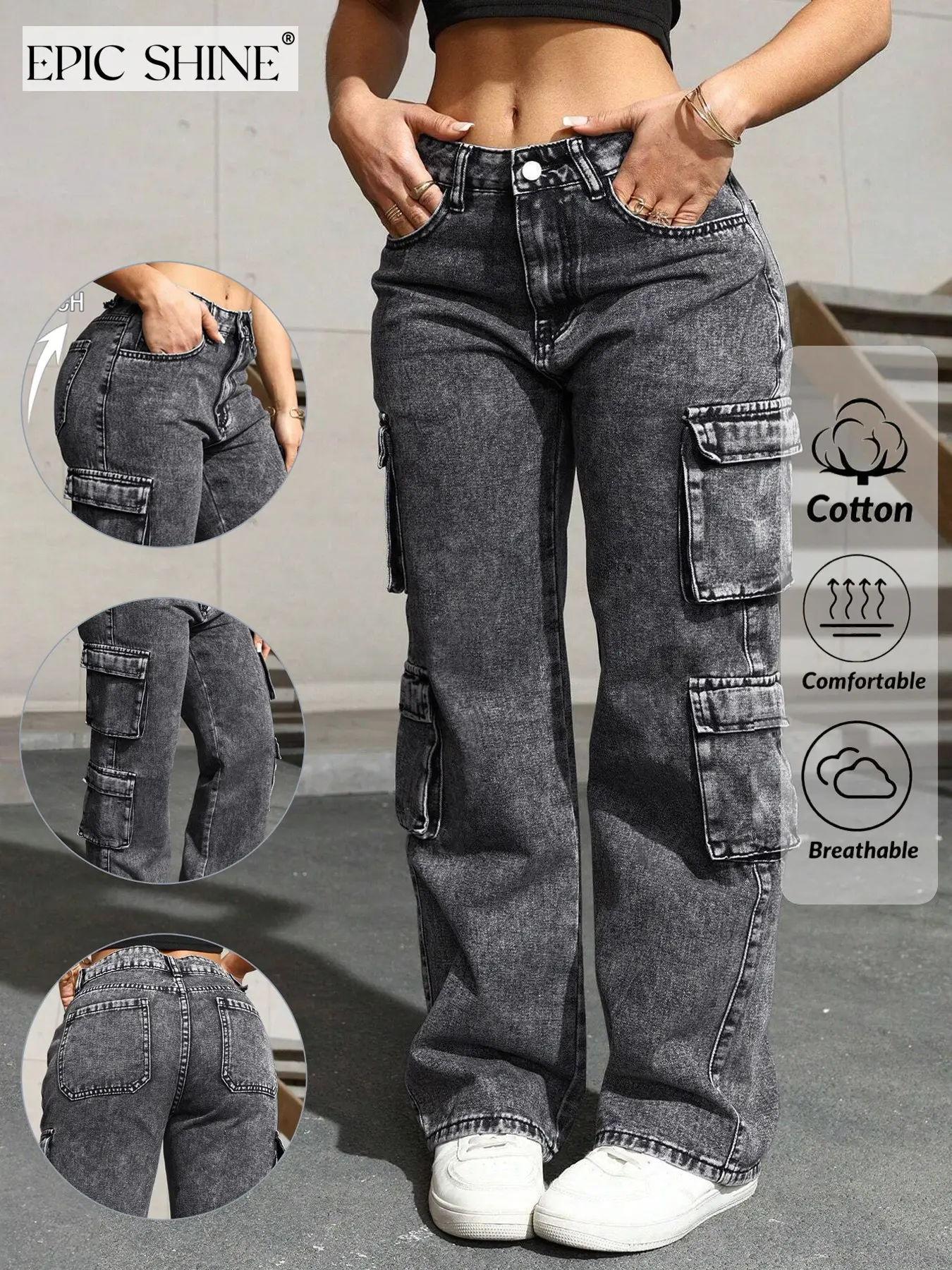 Women's Dark Grey Washed Denim Jeans, Multi-Pocket Straight Leg Cargo Pants, Casual Commuter Streetwear, Soft Stretch Comfortable Loose Fit, High Waisted Jeans Suitable for All Seasons, Outdoor Shopping and Dating