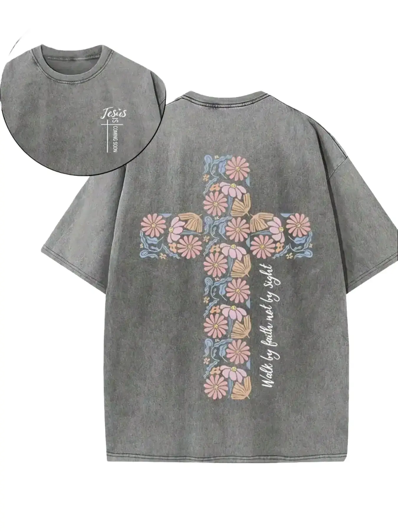 Christian Washed T-Shirt, Jesus, Faith, Floral Cross Pattern T-Shirt "Walk By Faith Not By Sight","Jesus Is Coming Soon", Religious Elements, Retro Style T-Shirts, Vintage Textured T-Shirts......Classic Regular fathersdaygift