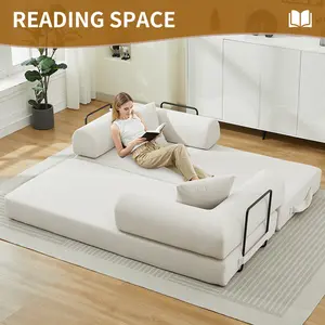 Cream-colored fabric sofa, foldable, removable and washable modular sofa bed