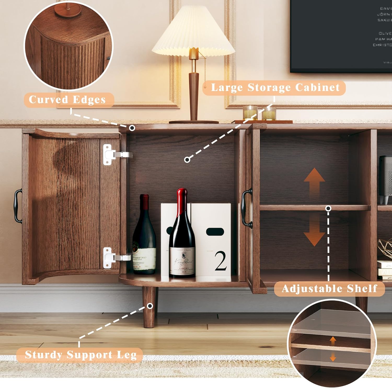 TV Stand for 75 inch TV, Mid Century Modern Entertainment Center for 55/60/65/75 inch TV, with Fluted Door Cabinets & Open Shelves, TV Consoles, Walnut