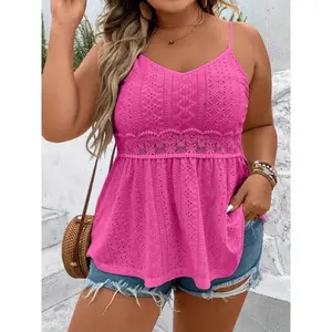 Casual Plus Size Sleeveless Eyelet Cami Top - Solid V Neck Summer - Women's Clothing Fabric Womenswear