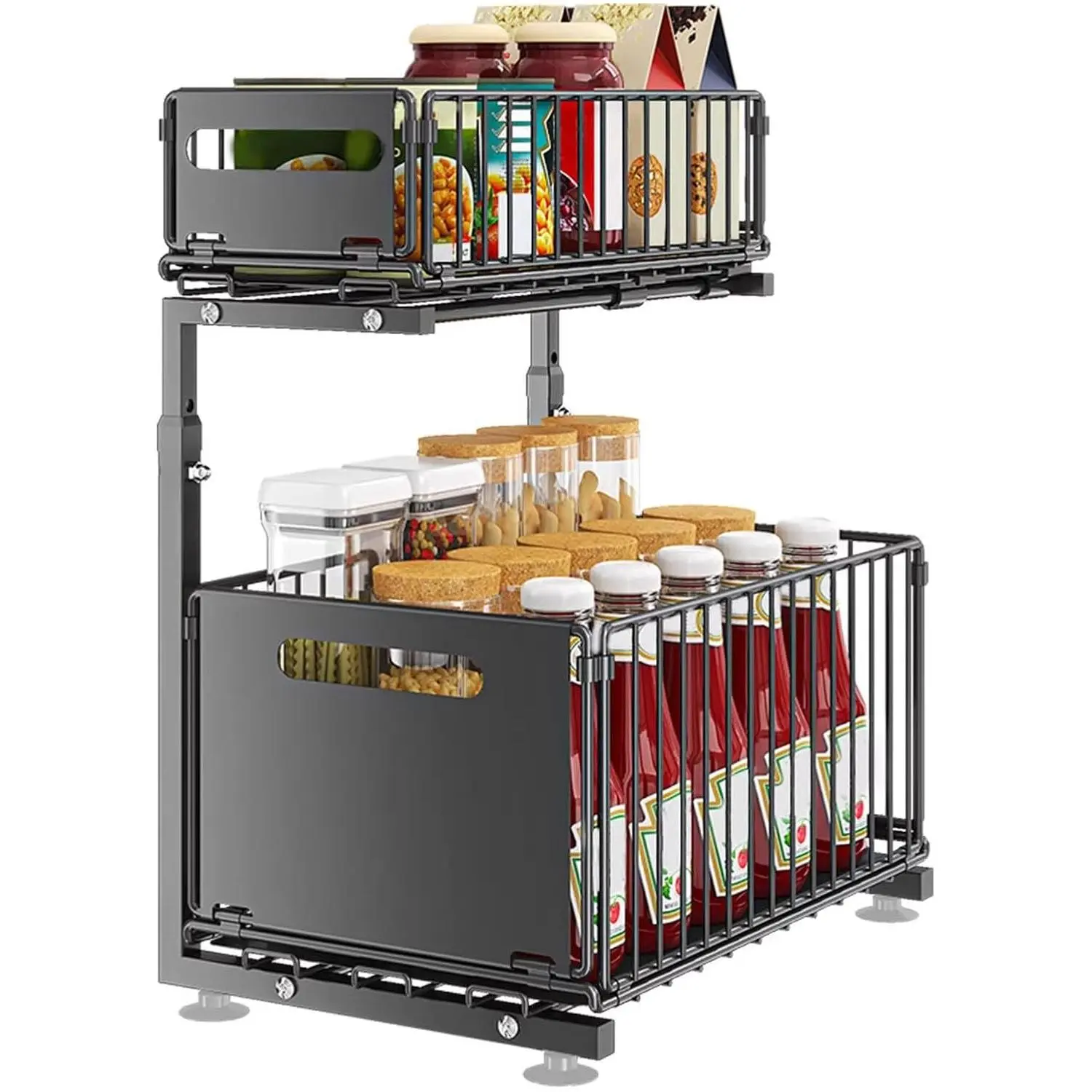 Garvee Rectangular Pull-Out Storage Shelf Organiser - Carbon Steel Drawer Storage Basket for Kitchen Cabinet/Under Sink, 39x26x8.5 cm, Black, No Drilling Required, Multi-Purpose for Snacks & Kitchen Utensils