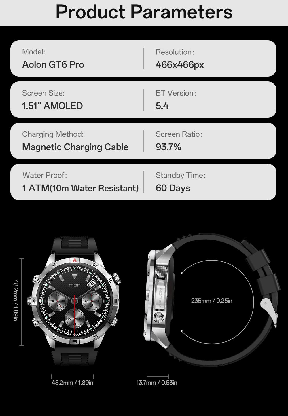 Aolon GT6 Pro Spring rugged outdoor smartwatch with 1.51" AMOLED display, LED flashlight & precision compass. Bluetooth calling, heart rate & fitness tracking, 5-button control, 500mAh battery up to 60 days, 1ATM & IP68 water-resistant. Aolon GT6 Pro Spring rugged outdoor smartwatch with 1.51" AMOLED display, LED flashlight & precision compass. Bluetooth calling, heart rate & fitness tracking, 5-button control, 500mAh battery up to 60 days, 1ATM & IP68 water-resistant.