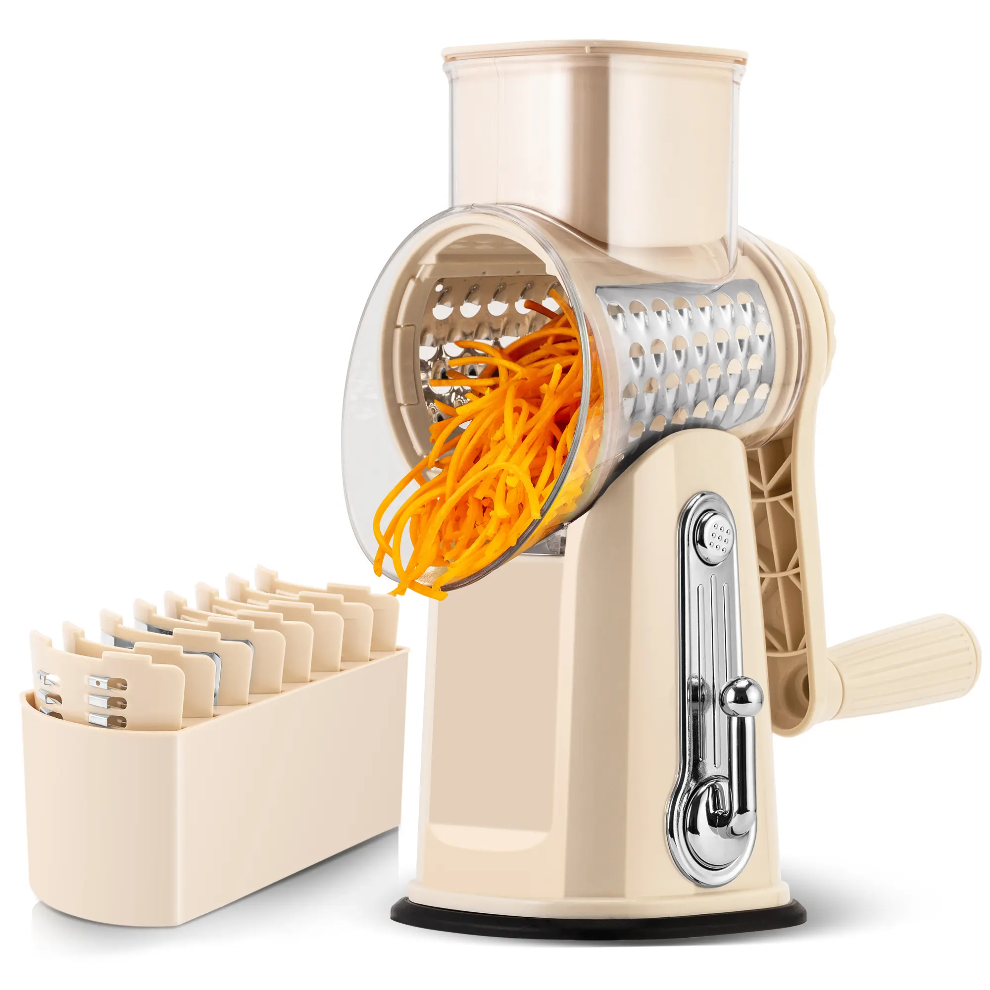 SUSTEAS Rotary Cheese Grater with Handle - Comes with 5 Blades, Strong Suction Cup Base, Comes with Blade Storage Box Cutlery Kitchen Utensils Food Shredder Tool Vegetable Slicer Potato Cutter Beige