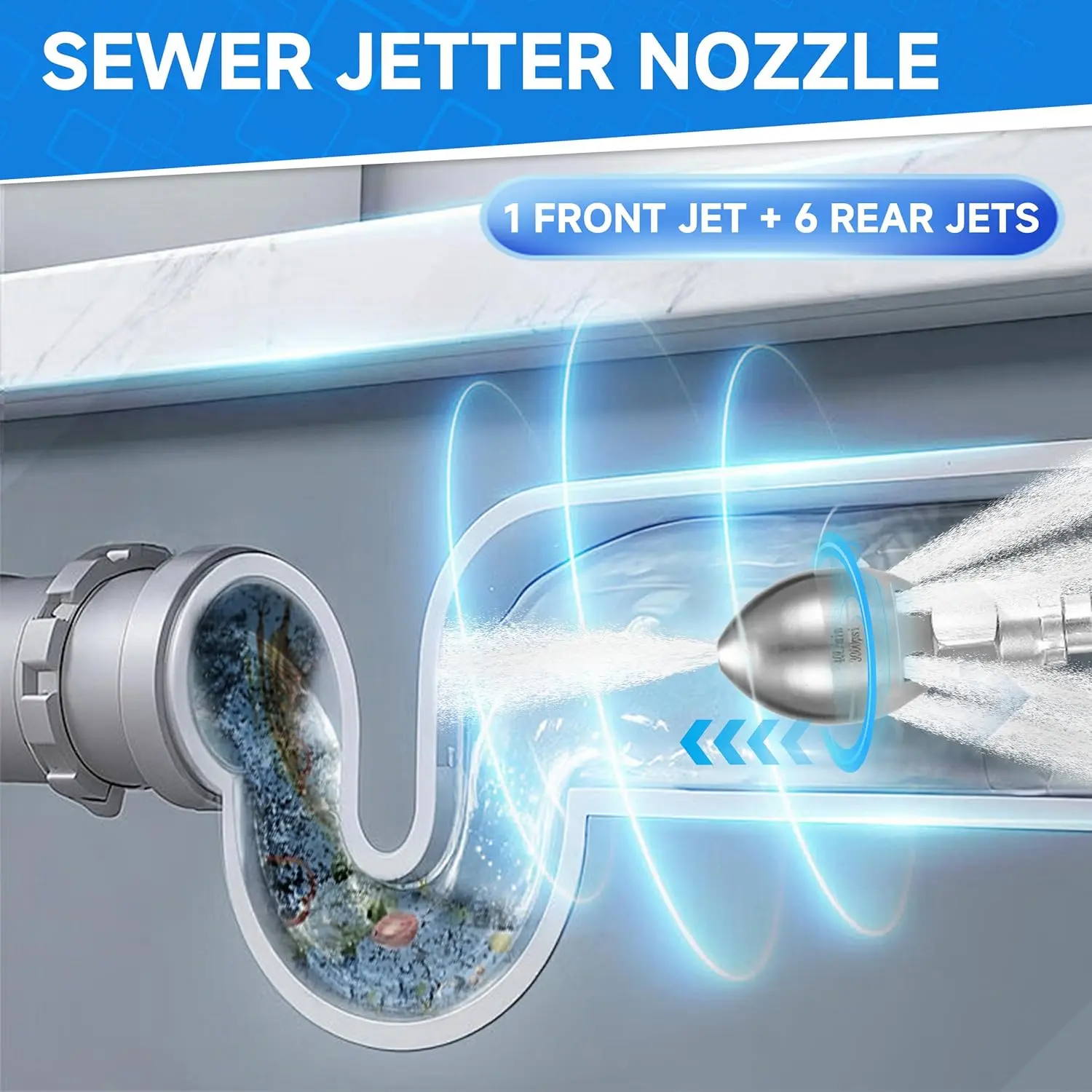 Tool Daily 3/8” NPT High Pressure Sewer Jetter Nozzle for Pressure Washer, Stainless Steel Drain Cleaning Nozzle, 40 L/Min, 3000 PSI, High Pressure Nozzles