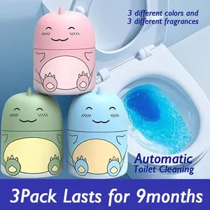 Cute Dinosaur-Shaped Toilet Bowl Cleaner - Ocean, Jasmine & Peach Scented Bathroom Tank Cleaner - 3 Bottles (9-Month Supply) - Powerful Cleaning Tablets for Household Use, Odor Removal, Toilet Freshener, 3 Colors