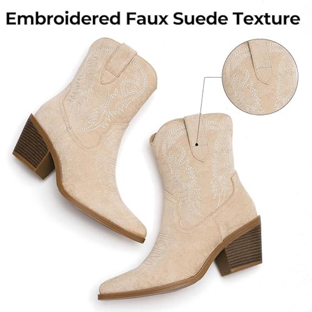 Cowboy Cowgirl Ankle Boots for Women Western Boots with Pointed Toe, Side Zipper and Chunky Heel Design