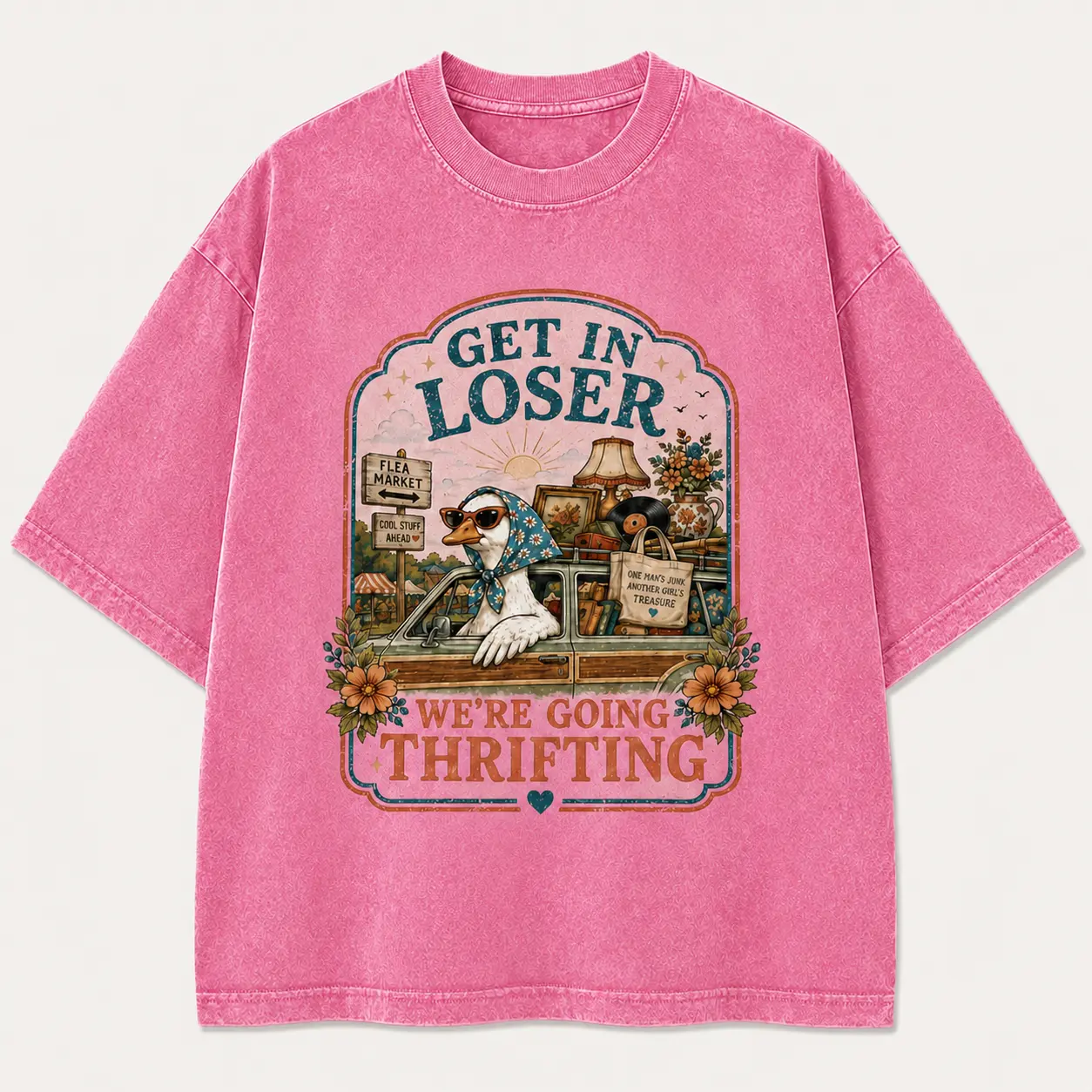 Women's Vintage Graphic Shortsleeve Tee, Oversized Relaxed Fit T-Shirt with a Retro Duck Print for Casual Streetwear Looks, Vibe, Graphic Tee, Thrift Stores, Cargo, Tshirt, Style, Floral, Quote, Everyday, Tops, Thanksgiving, Drop Shoulder, Cotton
