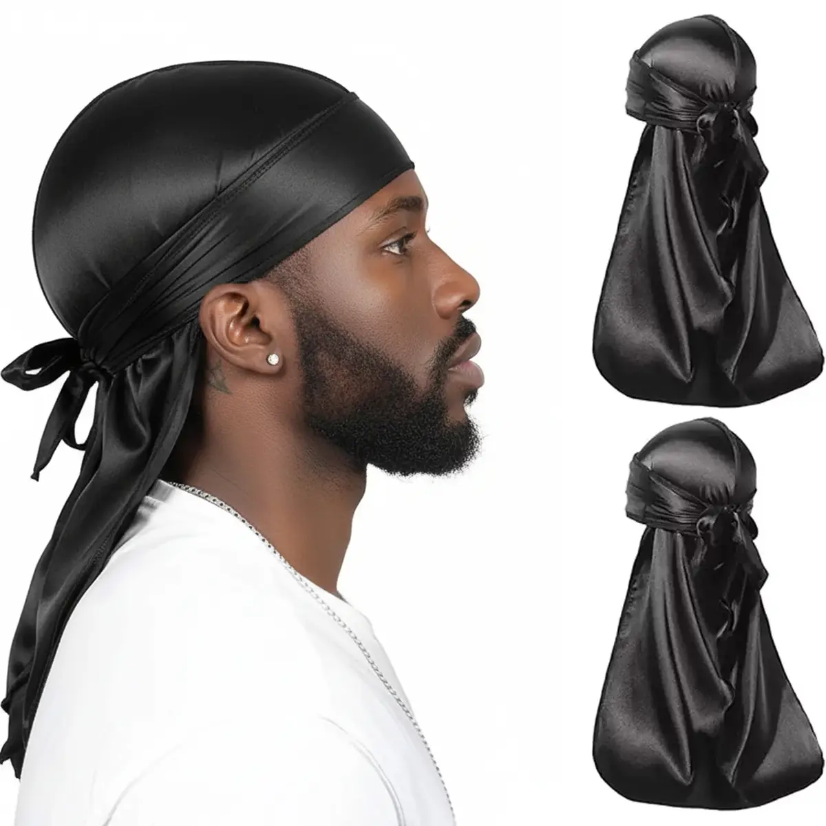 2 Pcs Premium Silky Durag for Men, Long Tail Soft Satin Doo Rag Head Wrap, Compression Headscarf for 360 540 720 Waves Hair Styling