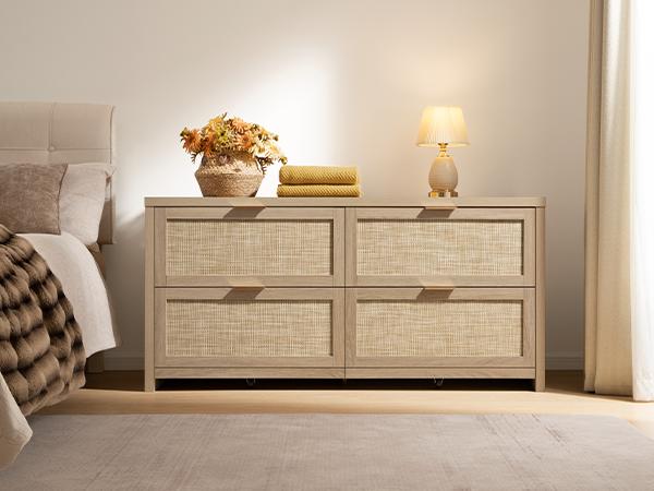 SICOTAS 60.8" Dresser for Bedroom, Rattan Boho Dresser with 4 Deep Drawers, Large Chest of Drawers for Closet,Nursery,Dressers TV Stand for Living Room