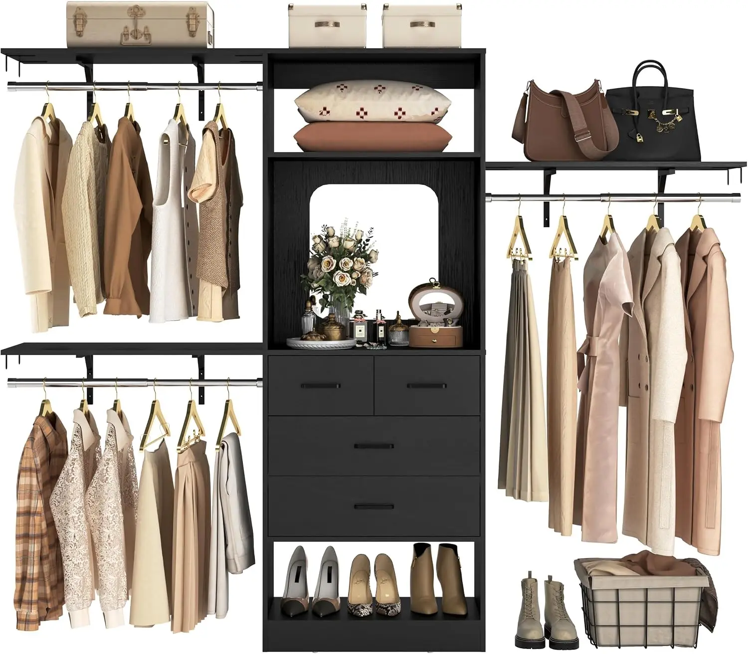Unikito 96 Inch Closet Organizer System, 8FT Walk in Closet Insert with 25" Tower, 3 Hanging rods and Top Shelves, Heavy Duty Clothing Wardrobe with 4 Drawers and Mirror, Max Load 1000 LBS