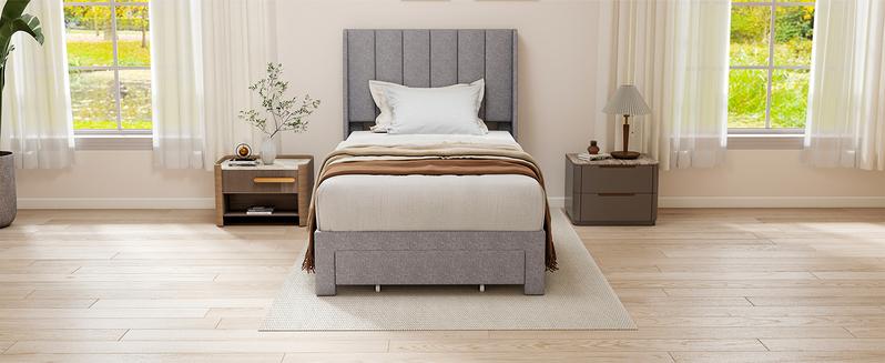 Linen Upholstered Platform Bed with 2 Drawers, Storage Bed Frame With Tufted Headboard