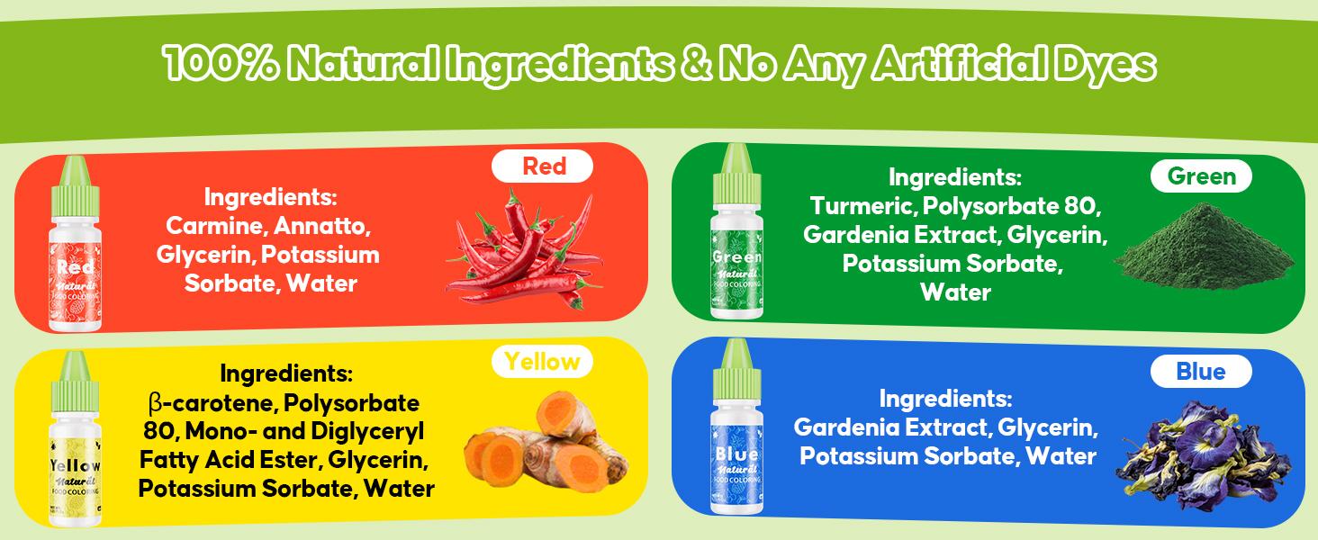 4 Natural Liquid Food Coloring 0.25 Fl Oz (6ml) /bottle, FD&C Free ，Dye Free Plant Based Food Coloring, Vegan Food Coloring for Cake, Frosting, Fondant & Easter Egg Decorating Baking
