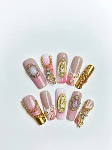 Glarein Nails | Gilded Princess 10PCS Handmade Press-On Nails Matte Finish with 3D Rhinestones Shell Textures & Artistic Line Designs