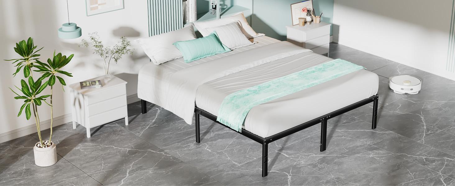 Black Full Size Metal Platform Bed Frame with Steel Slat Support, No Box Spring Needed, Easy Assembly, Modern Furniture