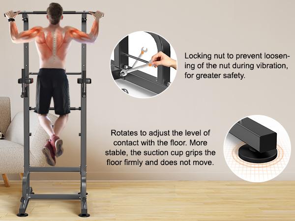 Relife Sports Power Tower Dip Station for Home Fitness Adjustable Height, Easy Install, Non-Slip Suction Cups, Full-Body pullup Exercise Equipment Up to 450lbs H-Shaped for Strength Training