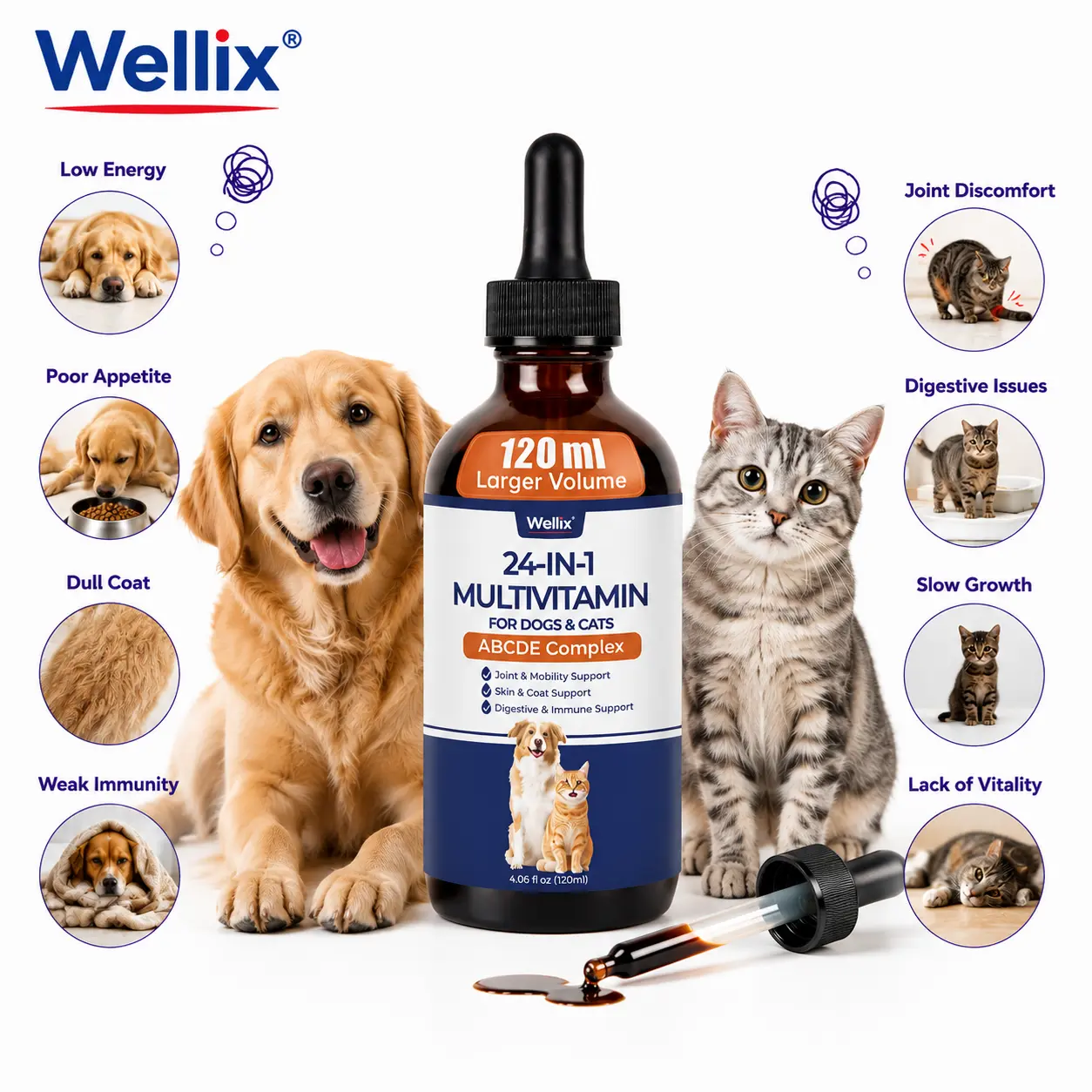 Wellix 4.06 FL oz 24-in-1 Liquid Multivitamin with Taurine for Dogs & Cats, Pet Vitamins and Supplements with Glucosamine, Cranberry, MSM, Probiotics - Itch&Allergy Relief, Joint Supplement for Pet