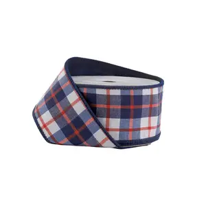 2 1/2" Wired Dupioni Ribbon | Red/White/Blue Plaid | 10 Yard Roll